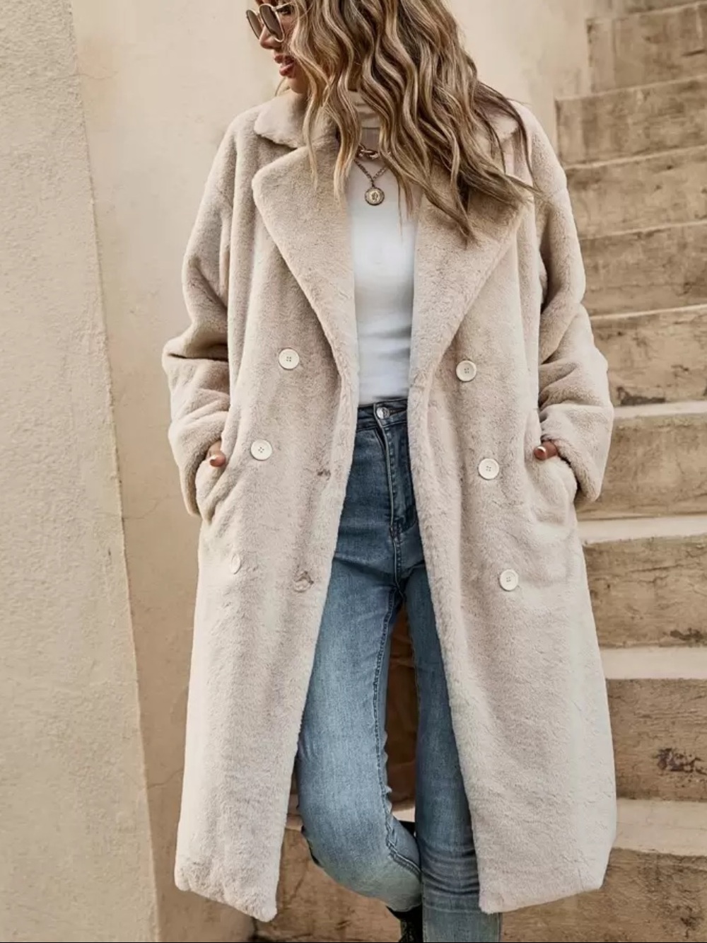 Classic Double-Breasted Faux Fur Long Coat